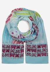 Jasnoniebieski Bawełniany Szalik Apaszka z Motywem Motyli Tullma. Niebieskie szaliki i kominy Born2be, na wiosnę, z aplikacjami, z bawełny, eleganckie. Za 14.99 zł.