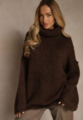 Brązowy Oversizowy Golf z Dodatkiem Wełny i Wiskozy Tenafera. Brązowe swetry Renee, s, bez wzorów, z dzianiny, bez ramiączek. Za 169.99 zł.