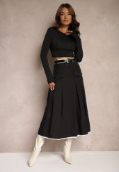 Czarna Spódnica High Waist z Plisami Wykończona Imitacją Kieszeni i Paskiem Evilenes. Czarne spódnice Renee, do pracy, l, bez wzorów, biznesowe, midi, dopasowane. W wyprzedaży za 83.99 zł.