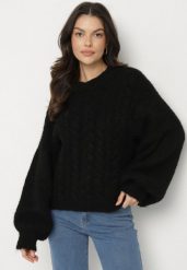 Czarny Sweter z Wełną Zdobiony Warkoczowym Splotem Lakkaria. Czarne swetry Born2be, z aplikacjami, z jeansu, eleganckie, bez ramiączek. W wyprzedaży za 144.49 zł.