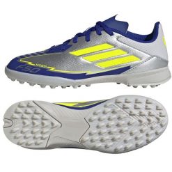 Buty adidas F50 League Messi Tf IH0925 Srebrno-Niebieskie srebrny. Szare buty treningowe bez wzorów, z syntetyku, bez zapięcia, do piłki nożnej. Za 400.16 zł.