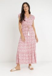 Biało-Czerwona Sukienka z Paskiem Phenaleia. Czerwone sukienki Born2be, l, bez wzorów, ze skóry, boho, bez kołnierzyka, bez ramiączek, maxi. Za 139.99 zł.