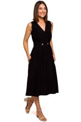 Czarna Letnia Sukienka z Podkreśloną Talią. Czarne sukienki MOE, l, bez wzorów, z materiału, bez kołnierzyka, bez ramiączek, rozkloszowane. Za 293.90 zł.