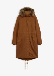 Długa, ocieplana parka. Brązowe płaszcze bonprix, bez wzorów, bez kaptura. Za 319.99 zł.