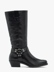 Czarne kozaki biker ze skóry licowej. Czarne kozaki Ryłko, bez wzorów, ze skóry, rockowe, bez obcasa, na obcasie, bez zapięcia. Za 649.99 zł.