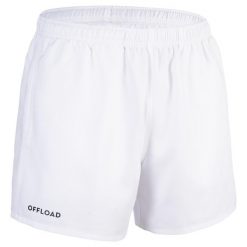 SPODENKI do gry w rugby CLUB R100 dla dzieci bez kieszeni. Białe szorty OFFLOAD, bez wzorów, z materiału, sportowe. W wyprzedaży za 29.99 zł.