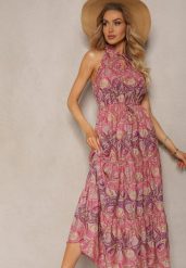 Fioletowo-Różowa Sukienka w Stylu Boho Bez Rękawów z Gumką w Pasie i Wiązaniem przy Dekolcie Yisa. Fioletowe sukienki Renee, na imprezę, m, bez wzorów, z materiału, boho, bez kołnierzyka, bez ramiączek, maxi. W wyprzedaży za 69.99 zł.
