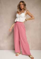 Różowe Szerokie Spodnie Typu Palazzo High Waist Araneira. Czerwone jeansy Renee, l, bez wzorów, z jeansu, eleganckie, z podwyższonym stanem. W wyprzedaży za 29.99 zł.