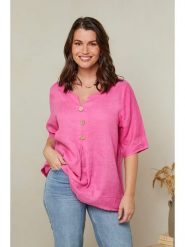 Curvy Lady Lniana bluzka w kolorze różowym rozmiar: 44/46. Różowe bluzki Curvy Lady, bez wzorów, ze lnu, klasyczne, bez kołnierzyka, bez ramiączek. Za 141.19 zł.