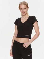 Guess T-Shirt Edie V4RP10 K8RT2 Czarny Regular Fit. Czarne t-shirty Guess, l, z aplikacjami, z wiskozy, bez kołnierzyka, bez ramiączek. Za 169.99 zł.