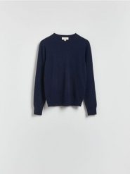 Wełniany sweter z dodatkiem kaszmiru - granatowy. Niebieskie swetry Reserved, l, bez wzorów, z dzianiny, bez ramiączek. Za 299.99 zł.