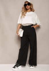 Czarne Szerokie Spodnie w Stylu Garniturowym High Waist Folara. Czarne jeansy Renee, l, bez wzorów, z jeansu, biznesowe, z podwyższonym stanem. W wyprzedaży za 107.99 zł.