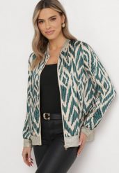 Ciemnozielona Bluza w Stylu Bomberki o Połyskującym Wykończeniu Sivalu. Zielone bluzy Born2be, l, bez wzorów, bez ramiączek, bez kaptura. Za 59.99 zł.