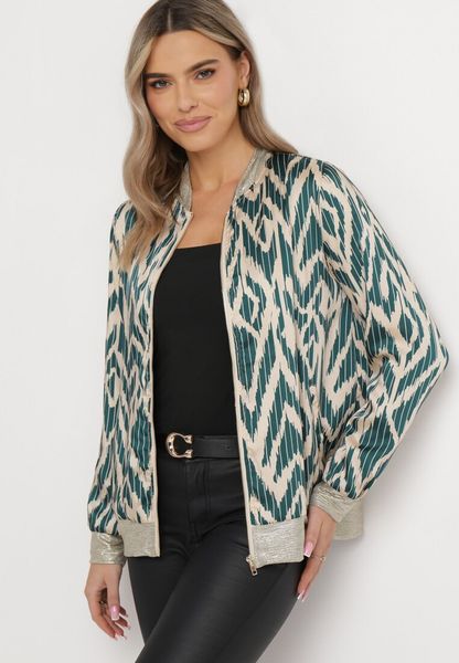 Ciemnozielona Bluza w Stylu Bomberki o Połyskującym Wykończeniu Sivalu. Zielone bluzy Born2be, l, bez wzorów, bez kaptura. Za 59.99 zł.