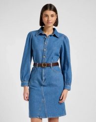 DAMSKA SUKIENKA JEANSOWA LEE LONG SLEEVE DRESS FINE BLUE 112370996. Niebieskie sukienki Lee, m, bez wzorów, z jeansu, bez kołnierzyka, bez ramiączek. Za 249.99 zł.