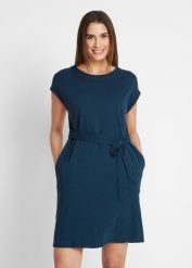 Sukienka shirtowa z czystej bawełny. Niebieskie sukienki bonprix, bez wzorów, z bawełny, bez kołnierzyka, bez ramiączek. Za 57.99 zł.