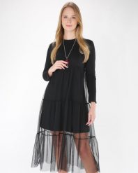 Czarna sukienka z tiulem. Czarne sukienki Unisono, l, bez wzorów, z bawełny, wizytowe, bez kołnierzyka, bez ramiączek, midi. Za 189.00 zł.