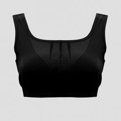 Sportowy crop top treningowy MADDY. Czarne biustonosze sportowe LEGEA, bez wzorów, z elastanu, na fitness i siłownię. W wyprzedaży za 90.50 zł.