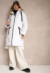 Biała Pikowana Kurtka z Przeszyciem w Kratę Kapturem i Kieszeniami Zenetta. Białe kurtki Renee, l, bez wzorów, z jeansu, eleganckie, z kapturem. Za 179.99 zł.