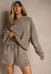Ciemnobeżowy Basicowy Komplet Szorty i Bluza Novirissa. Brązowe bluzy Renee, na lato, bez wzorów, z materiału, bez kaptura. W wyprzedaży za 127.99 zł.