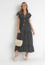 Czarna Sukienka Maxi w Groszki z Szeroką Gumką w Pasie Khalsa. Czarne sukienki Born2be, l, bez wzorów, bez kołnierzyka, bez ramiączek, maxi. Za 99.99 zł.