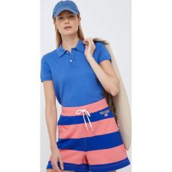 Polo Ralph Lauren polo 211856725001 damski z kołnierzykiem. Niebieskie t-shirty Polo Ralph Lauren, bez wzorów, z dzianiny, bez kołnierzyka, bez ramiączek. W wyprzedaży za 269.99 zł.