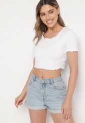 Biały Prążkowany T-shirt z Bawełną Adlesa. Białe t-shirty Born2be, l, bez wzorów, z bawełny, bez kołnierzyka, bez ramiączek. W wyprzedaży za 38.24 zł.