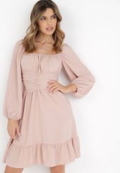 Ciemnoróżowa Sukienka Auxede. Czerwone sukienki Born2be, na imprezę, bez wzorów, z tkaniny, bez kołnierzyka, bez ramiączek, mini, rozkloszowane. Za 119.99 zł.