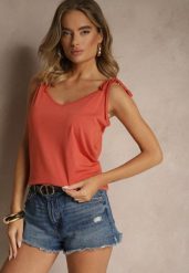 Pomarańczowy Top z Bawełną i Modalem z Wiązaniem przy Ramiączkach Lileria. Brązowe topy Renee, l, bez wzorów, z bawełny, wizytowe, bez kołnierzyka, bez ramiączek. W wyprzedaży za 31.99 zł.