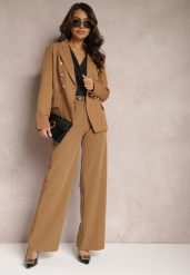 Jasnobrązowe Szerokie Spodnie High Waist z Gumką w Pasie Eternel. Brązowe jeansy Renee, l, bez wzorów, z jeansu, eleganckie, z podwyższonym stanem. W wyprzedaży za 75.99 zł.