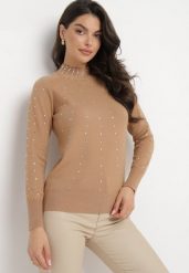 Ciemnobeżowy Sweter z Golfem Ozdobiony Kompozycją z Cyrkonii Ruittes. Brązowe swetry Born2be, s, z aplikacjami, bez ramiączek. W wyprzedaży za 59.49 zł.