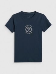 4F T-shirt slim z nadrukiem damski - granatowy XXL. Niebieskie t-shirty 4f, uniwersalny, bez wzorów, z bawełny, bez kołnierzyka, bez ramiączek. Za 59.99 zł.