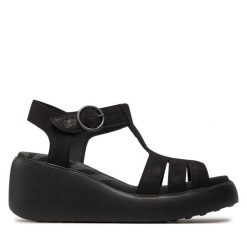 Sandały Fly London. Czarne sandały Fly London, bez wzorów, bez obcasa, na koturnie, bez zapięcia. Za 649.99 zł.