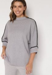 Szary Sweter z Kontrastową Lamówką Tuselle. Szare swetry Born2be, bez wzorów, z jeansu, biznesowe, bez ramiączek. Za 109.99 zł.
