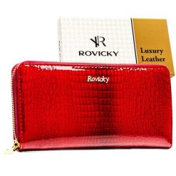 Lakierowany portfel w typie piórnika ze skóry naturalnej w czerwonym kolorze zamykany na suwak RH-25-1-RS Rovicky. Czerwone portfele ROVICKY, bez wzorów, z lakierowanej skóry. Za 99.99 zł.