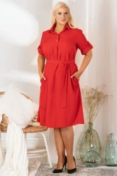 Sukienka elegancka trapezowa z paskiem SILVIA czerwona. Czerwone sukienki KARKO, do pracy, plus size, bez wzorów, z elastanu, biznesowe, bez kołnierzyka, plus size, bez ramiączek, midi, proste. Za 289.50 zł.