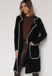 Czarny Kardigan Ozdobiony Lamówką Tusbena. Czarne swetry Born2be, bez wzorów, z jeansu, eleganckie, bez ramiączek. Za 129.99 zł.