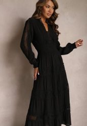 Czarna Sukienka Maxi z Ażurowymi Wstawkami i Trójkątnym Dekoltem Fanuelis. Czarne sukienki Renee, s, w ażurowe wzory, boho, bez kołnierzyka, bez ramiączek, maxi, rozkloszowane. W wyprzedaży za 188.99 zł.