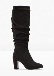 Kozaki z marszczoną cholewką. Czarne kozaki bonprix, bez wzorów, ze skóry, bez obcasa, na słupku, bez zapięcia. Za 219.99 zł.