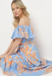 Niebieska Sukienka Hiszpanka o Rozkloszowanym Kroju z Wiązanym Paskiem Sesiniela. Niebieskie sukienki Born2be, na co dzień, l, bez wzorów, eleganckie, bez kołnierzyka, bez ramiączek, maxi, rozkloszowane. Za 89.99 zł.
