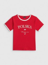 4F Koszulka kibica damska - czerwona XS. Czerwone t-shirty sportowe 4f, xs, bez wzorów, z bawełny, bez ramiączek. Za 59.99 zł.