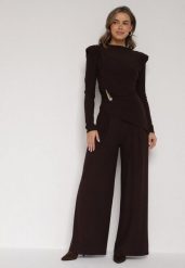 Brązowy Elegancki Komplet Szerokie Spodnie i Bluzka z Usztywnianymi Ramionami Sewesta. Brązowe bluzki Born2be, l, bez wzorów, eleganckie, bez kołnierzyka, bez ramiączek. Za 169.99 zł.