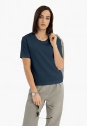 Ciemnoniebieska bluzka z modalu TM-ELI. Bluzki Volcano, s, bez wzorów, z elastanu, wizytowe, bez kołnierzyka, bez ramiączek. Za 79.99 zł.