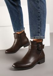 Brązowe Eleganckie Botki Sztyblety z Klamrą Edelith. Brązowe botki Born2be, bez wzorów, biznesowe, bez obcasa, na obcasie, bez zapięcia. W wyprzedaży za 44.99 zł.