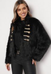 Czarna Kurtka z Futerka Ozdobiona Rzędem Guzików w Stylu Retro Sirelanie. Czarne kurtki Born2be, m, bez wzorów, klasyczne, bez kaptura. Za 199.99 zł.