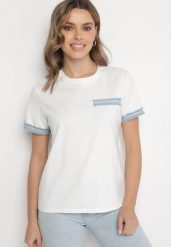 Biała Bluzka Oversize z Bawełny z Krótkim Rękawem i Ozdobnymi Lamówkami Calnil. Białe bluzki Born2be, l, bez wzorów, z bawełny, eleganckie, bez kołnierzyka, bez ramiączek. Za 59.99 zł.