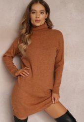 Jasnobrązowa Sukienka Milana. Brązowe sukienki Renee, bez wzorów, z dzianiny, bez kołnierzyka, bez ramiączek, mini. W wyprzedaży za 119.99 zł.