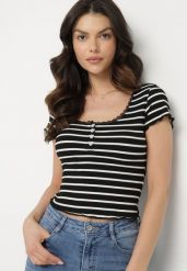 Czarny Bawełniany T-shirt w Paski z Koronką i Guzikami Panirea. Czarne t-shirty Born2be, m, bez wzorów, z bawełny, eleganckie, bez kołnierzyka, bez ramiączek. Za 79.99 zł.