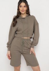 Zielony Komplet Dresowy z Bluzą z Krótkimi Rękawami i Szortami Helgia. Zielone bluzy Born2be, m, bez wzorów, z dresówki, bez ramiączek, z kapturem. Za 179.99 zł.