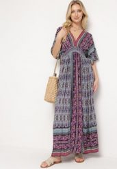 Fioletowa Boho Sukienka z Szerokimi Rękawami z Gumką w Pasie i Wiązaniem na Plecach Piomina. Fioletowe sukienki Born2be, l, z aplikacjami, boho, bez kołnierzyka, bez ramiączek, maxi. Za 99.99 zł.